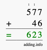 Calculate 577 + 46 using long addition