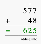 Calculate 577 + 48 using long addition