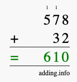 Calculate 578 + 32 using long addition