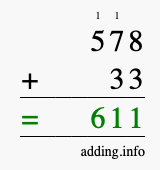 Calculate 578 + 33 using long addition