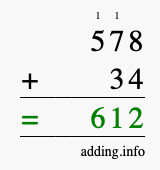 Calculate 578 + 34 using long addition