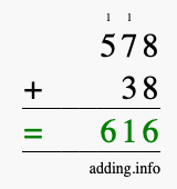 Calculate 578 + 38 using long addition