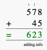 Calculate 578 + 45 using long addition