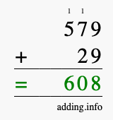 Calculate 579 + 29 using long addition