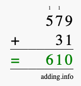 Calculate 579 + 31 using long addition