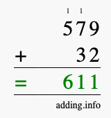 Calculate 579 + 32 using long addition