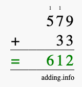 Calculate 579 + 33 using long addition
