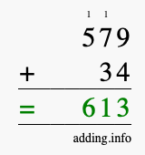 Calculate 579 + 34 using long addition