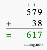 Calculate 579 + 38 using long addition