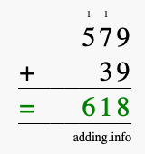 Calculate 579 + 39 using long addition