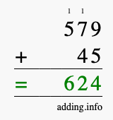 Calculate 579 + 45 using long addition