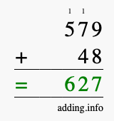 Calculate 579 + 48 using long addition