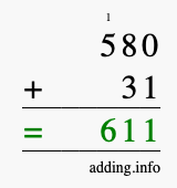 Calculate 580 + 31 using long addition