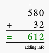 Calculate 580 + 32 using long addition