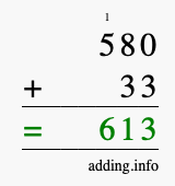 Calculate 580 + 33 using long addition