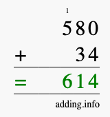 Calculate 580 + 34 using long addition