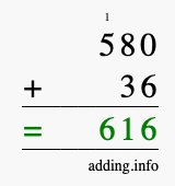 Calculate 580 + 36 using long addition
