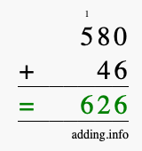 Calculate 580 + 46 using long addition