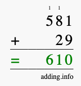 Calculate 581 + 29 using long addition