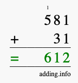 Calculate 581 + 31 using long addition
