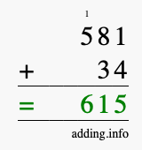 Calculate 581 + 34 using long addition
