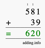 Calculate 581 + 39 using long addition