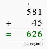 Calculate 581 + 45 using long addition