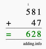 Calculate 581 + 47 using long addition