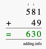 Calculate 581 + 49 using long addition