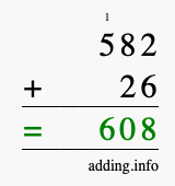 Calculate 582 + 26 using long addition