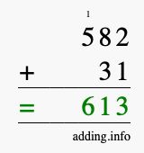 Calculate 582 + 31 using long addition