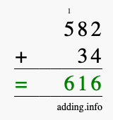 Calculate 582 + 34 using long addition