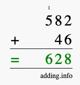 Calculate 582 + 46 using long addition