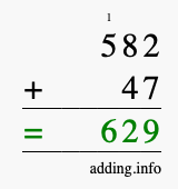 Calculate 582 + 47 using long addition