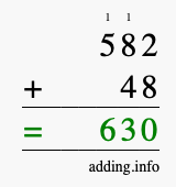 Calculate 582 + 48 using long addition