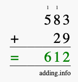 Calculate 583 + 29 using long addition