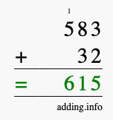 Calculate 583 + 32 using long addition
