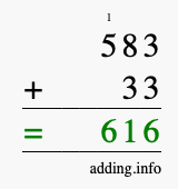 Calculate 583 + 33 using long addition