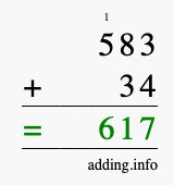 Calculate 583 + 34 using long addition