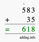 Calculate 583 + 35 using long addition