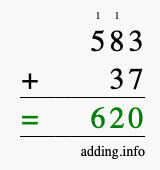 Calculate 583 + 37 using long addition