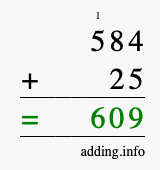 Calculate 584 + 25 using long addition
