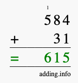 Calculate 584 + 31 using long addition