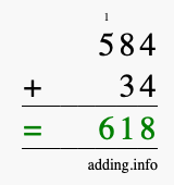 Calculate 584 + 34 using long addition