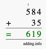 Calculate 584 + 35 using long addition