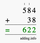 Calculate 584 + 38 using long addition