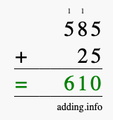 Calculate 585 + 25 using long addition