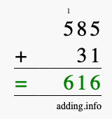 Calculate 585 + 31 using long addition