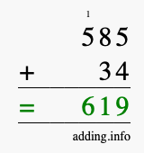 Calculate 585 + 34 using long addition