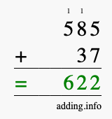 Calculate 585 + 37 using long addition